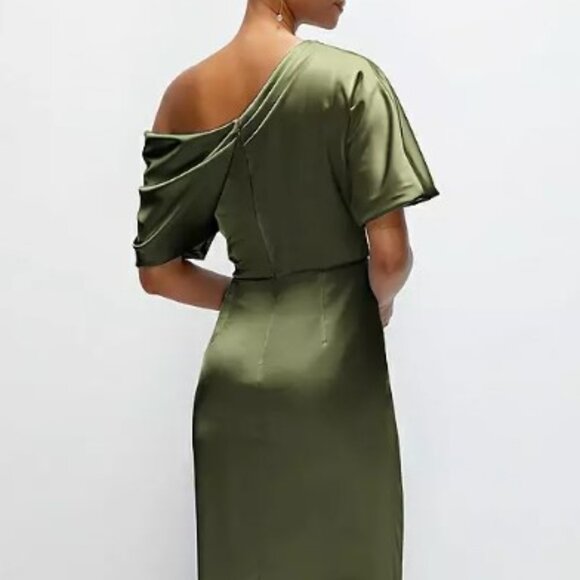 After Six “Nathalie” Ruched One-Shoulder Satin Gown – Size L (Olive Green) - Picture 2 of 16